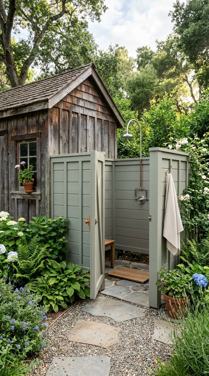 An outdoor private shower with board-and-batten walls next to a shed, surrounded by green plants and flowers.