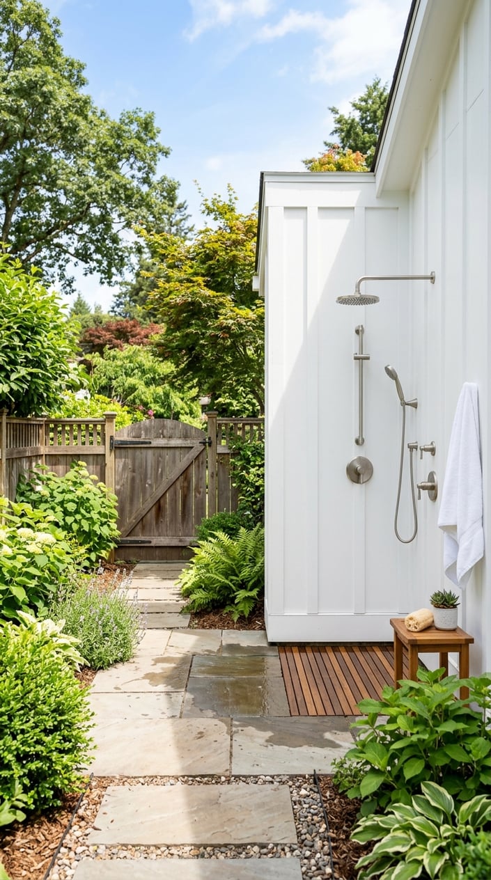An outdoor shower with white walls near a wooden backyard gate surrounded by greenery under a sunny sky.
