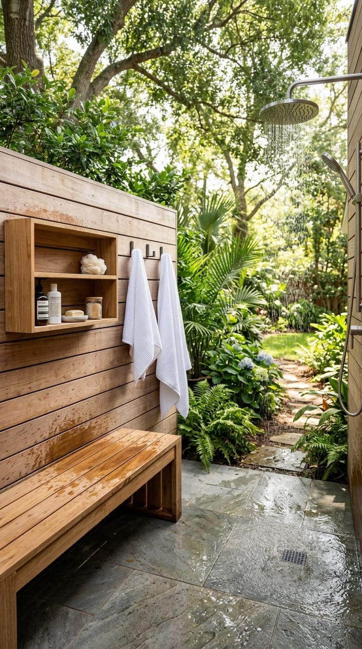 An outdoor shower with a built-in wooden bench, a shelf with toiletries, and towel hooks, surrounded by green plants and stone tiles.