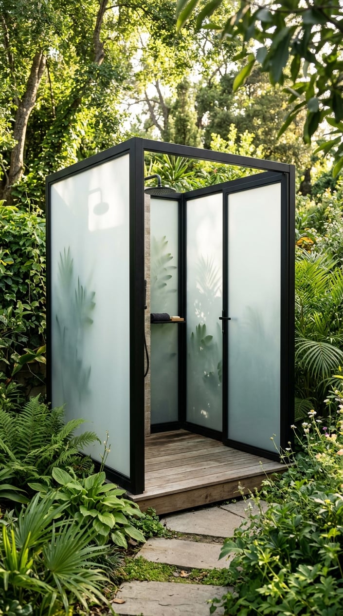 A private outdoor shower enclosure with black metal frame and frosted glass panels surrounded by greenery.