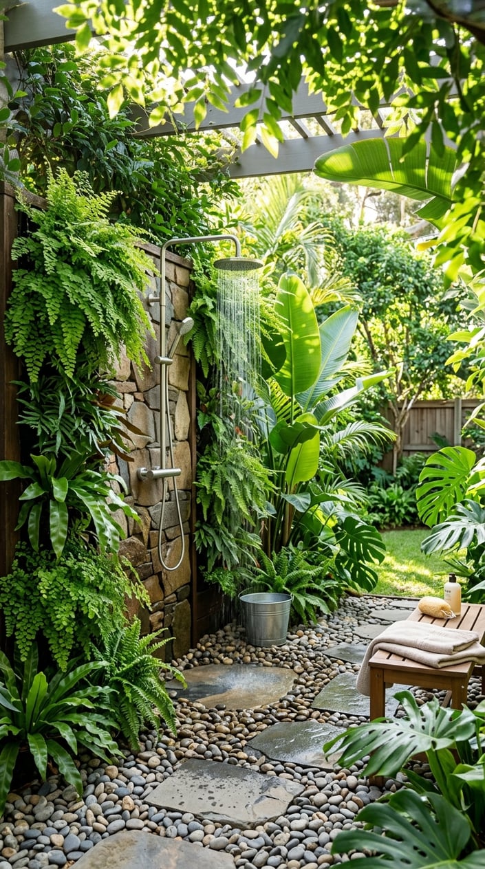 Outdoor shower surrounded by green ferns, banana leaves, and gravel on the ground.