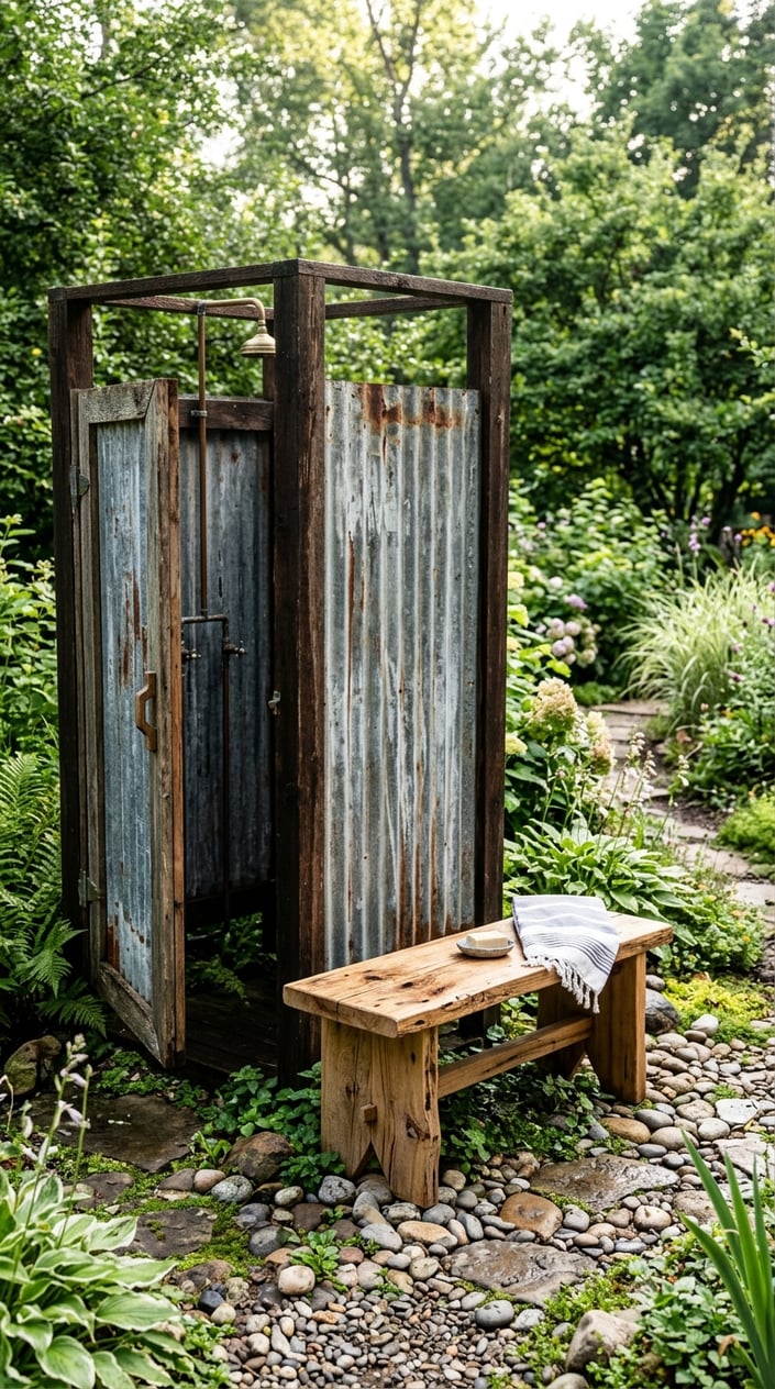 An outdoor shower enclosure made of weathered tin panels next to a wooden bench surrounded by greenery.