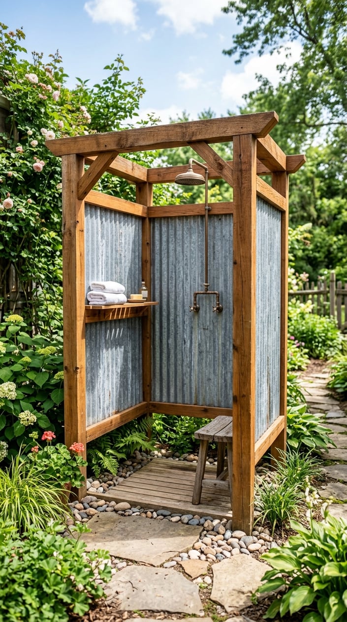 An outdoor shower with galvanized metal walls and wooden framing set in a green backyard.