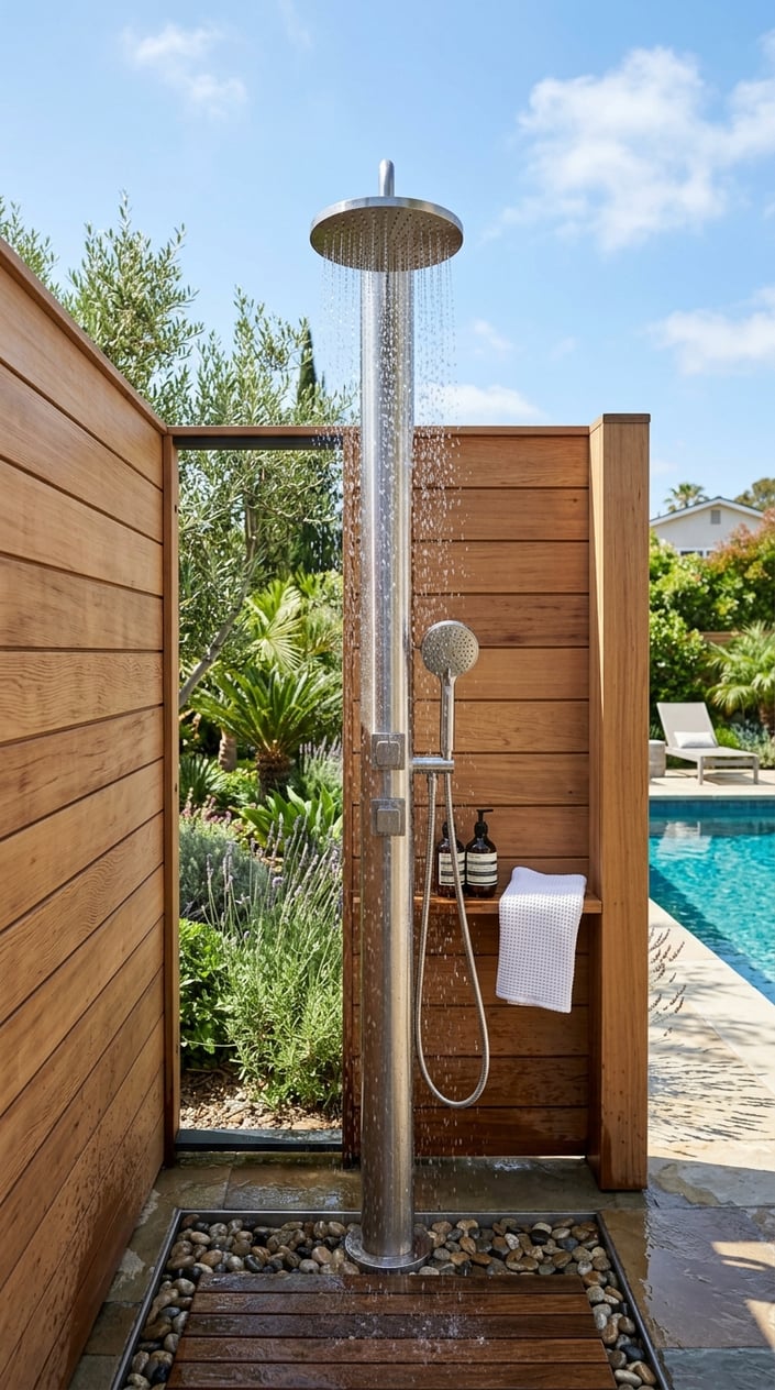 Outdoor stainless steel shower station with privacy wing walls next to a swimming pool in a sunny backyard.