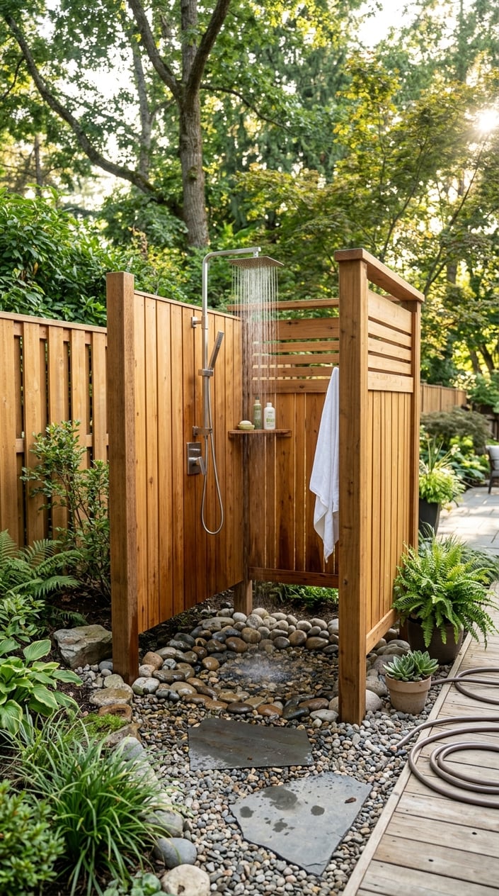 An outdoor shower stall with wooden fence panels and a gravel base surrounded by greenery.