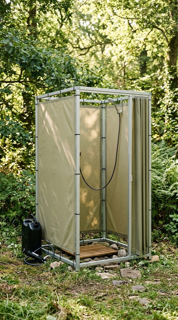 A portable outdoor shower stall with weatherproof fabric screens set up in a green natural area.