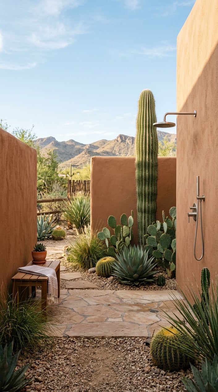 Outdoor shower area with smooth stucco walls surrounded by tall cacti and desert plants under a clear blue sky.