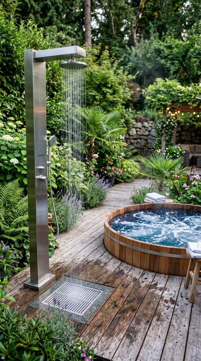 A freestanding outdoor shower tower on a wooden deck beside a hot tub surrounded by green plants.