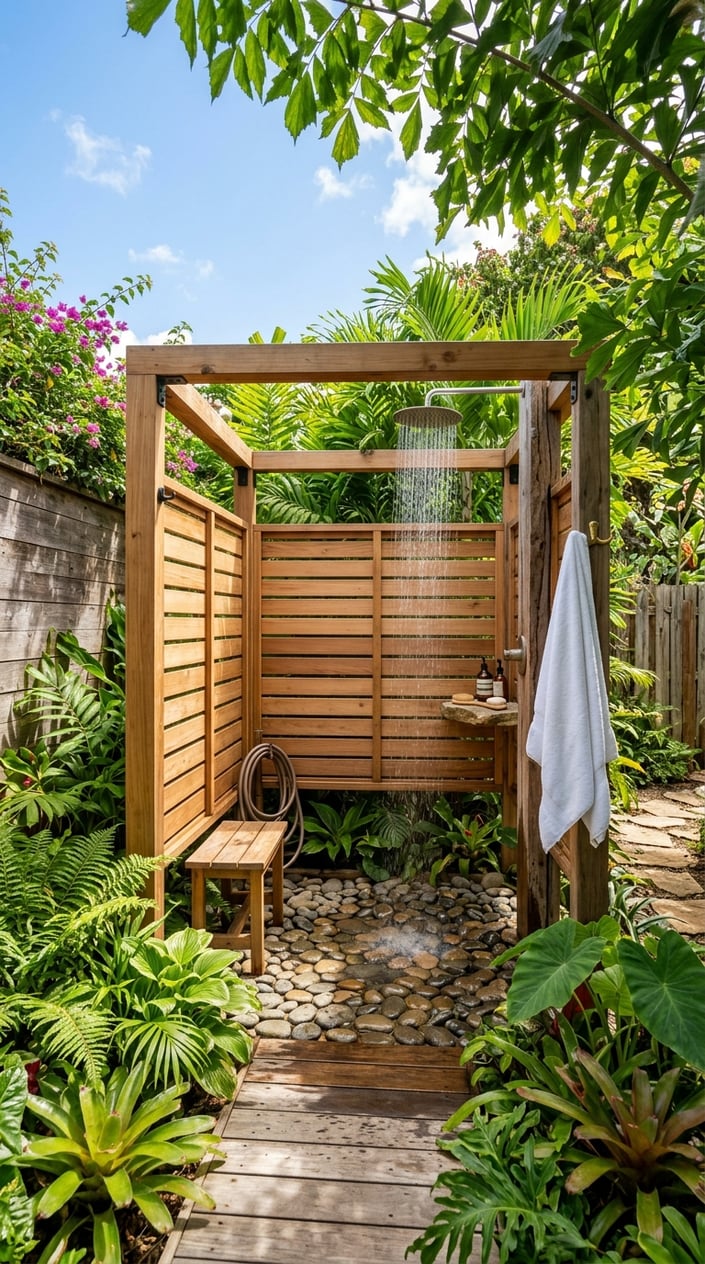 A private outdoor shower enclosure surrounded by plants and trees in a garden setting.