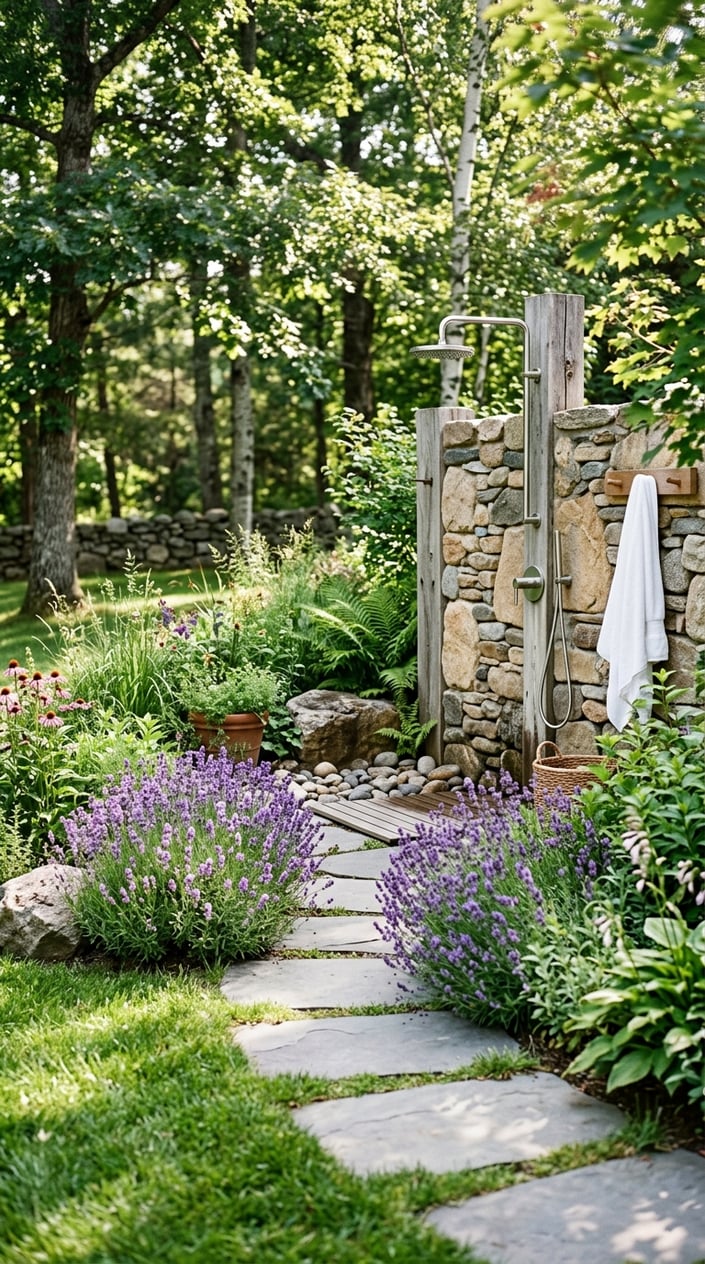 An outdoor shower area with a stepping stone path bordered by blooming lavender plants and green grass.