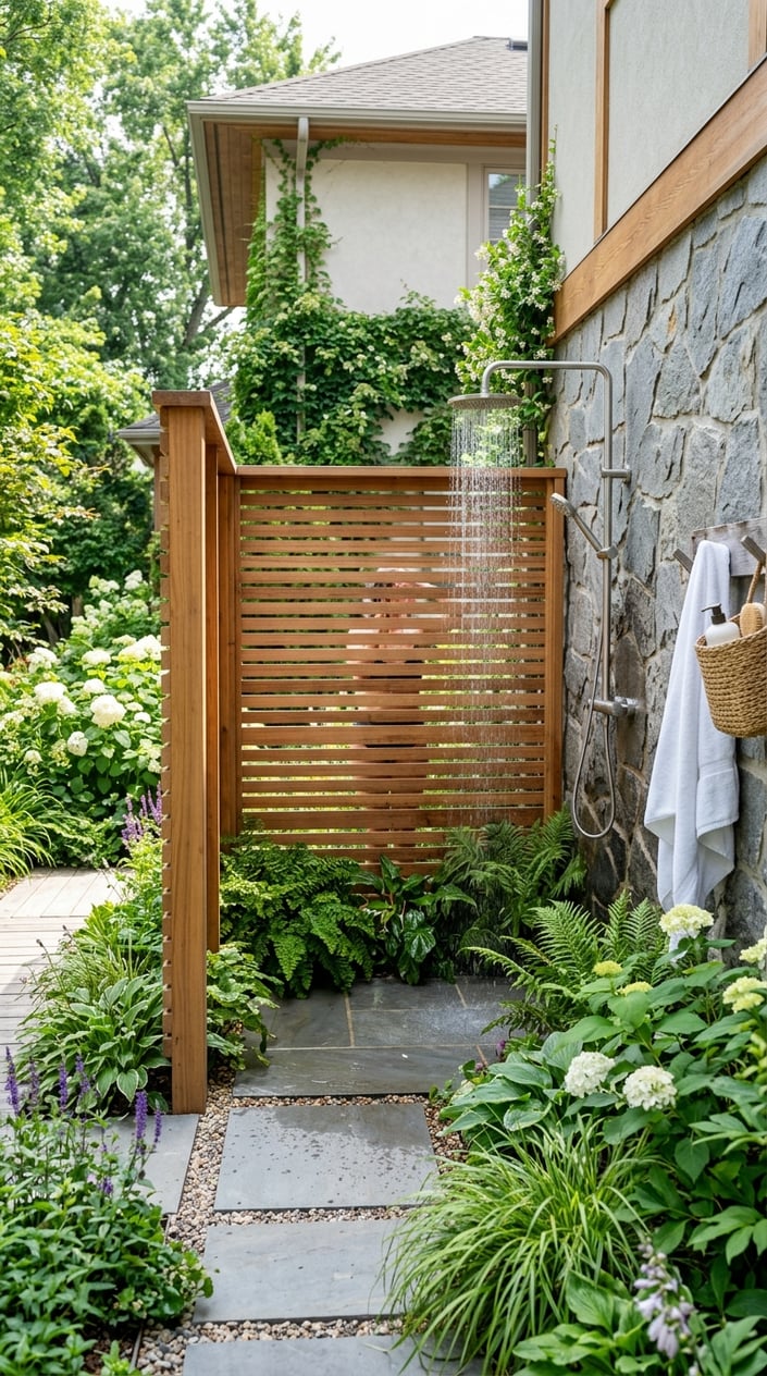 Outdoor shower hidden behind a wooden slatted screen surrounded by green plants in a front yard garden.