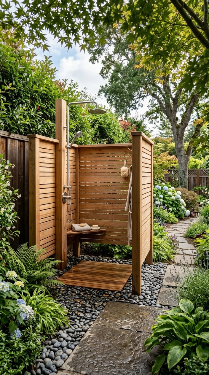 A private outdoor shower enclosure made of wood surrounded by plants and greenery in a backyard garden.