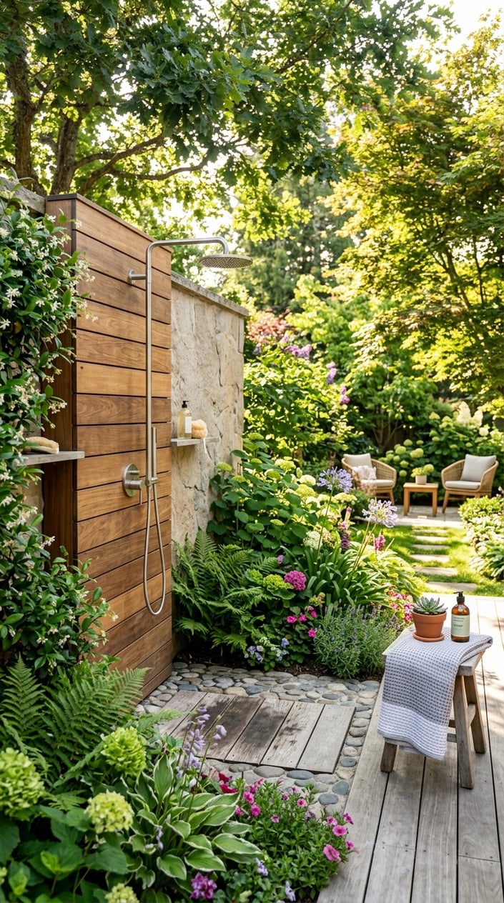 A backyard with a modern outdoor shower surrounded by plants and a wooden deck.