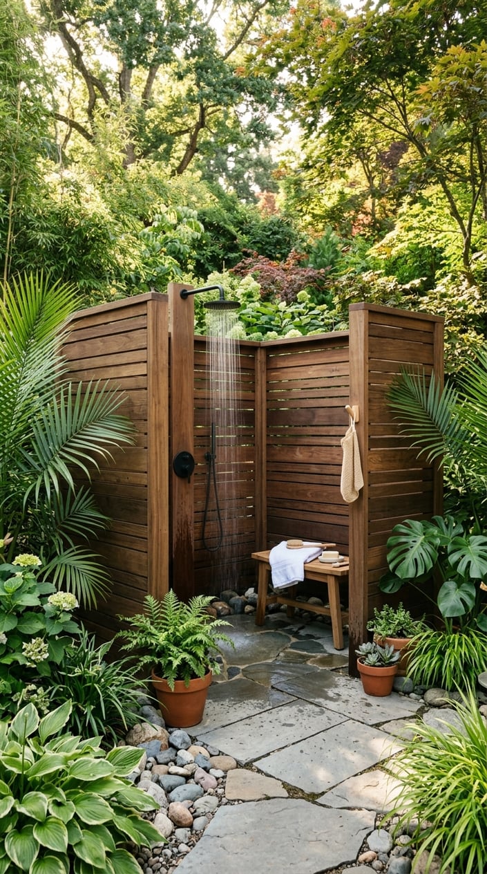 A private outdoor shower enclosure surrounded by green plants and wooden privacy walls with water flowing from a showerhead.