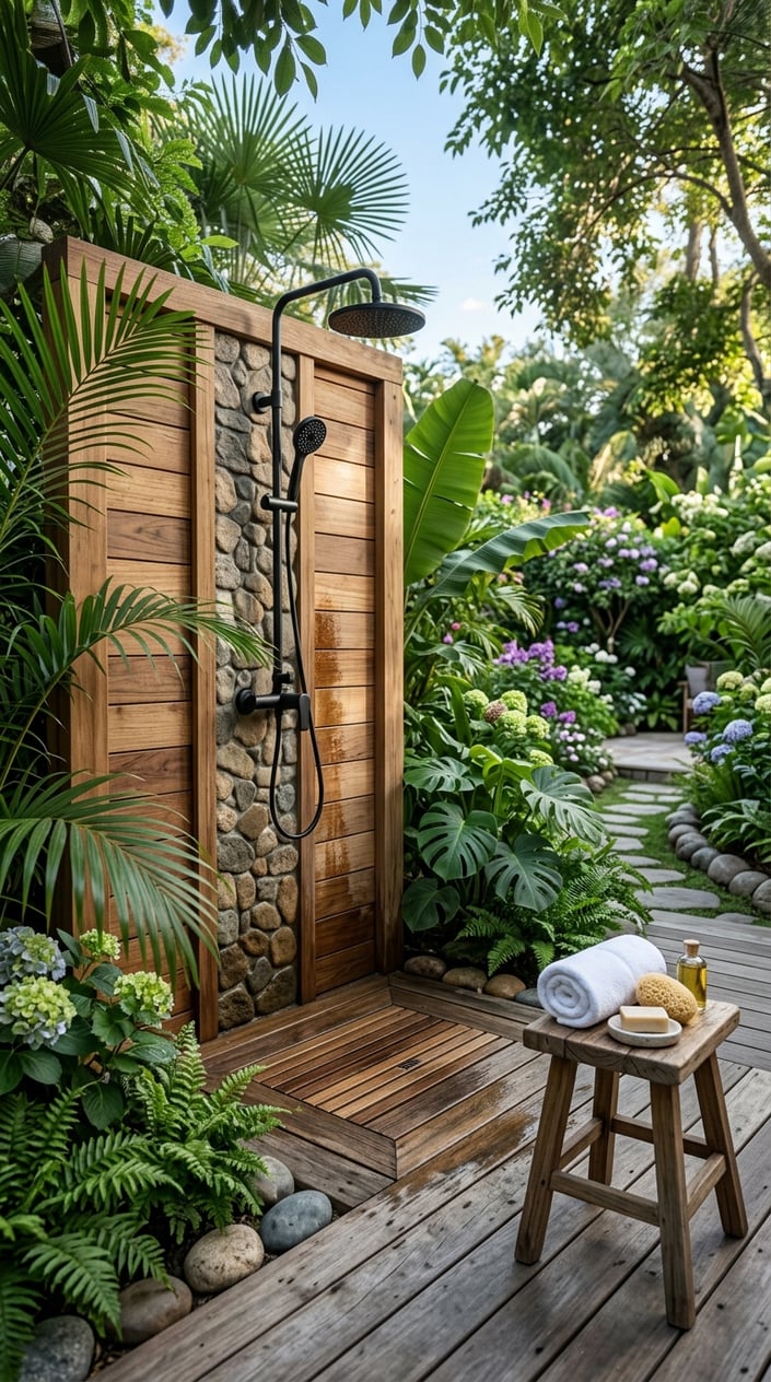 An outdoor shower with wooden enclosure and stone accents surrounded by green plants and garden in a backyard.