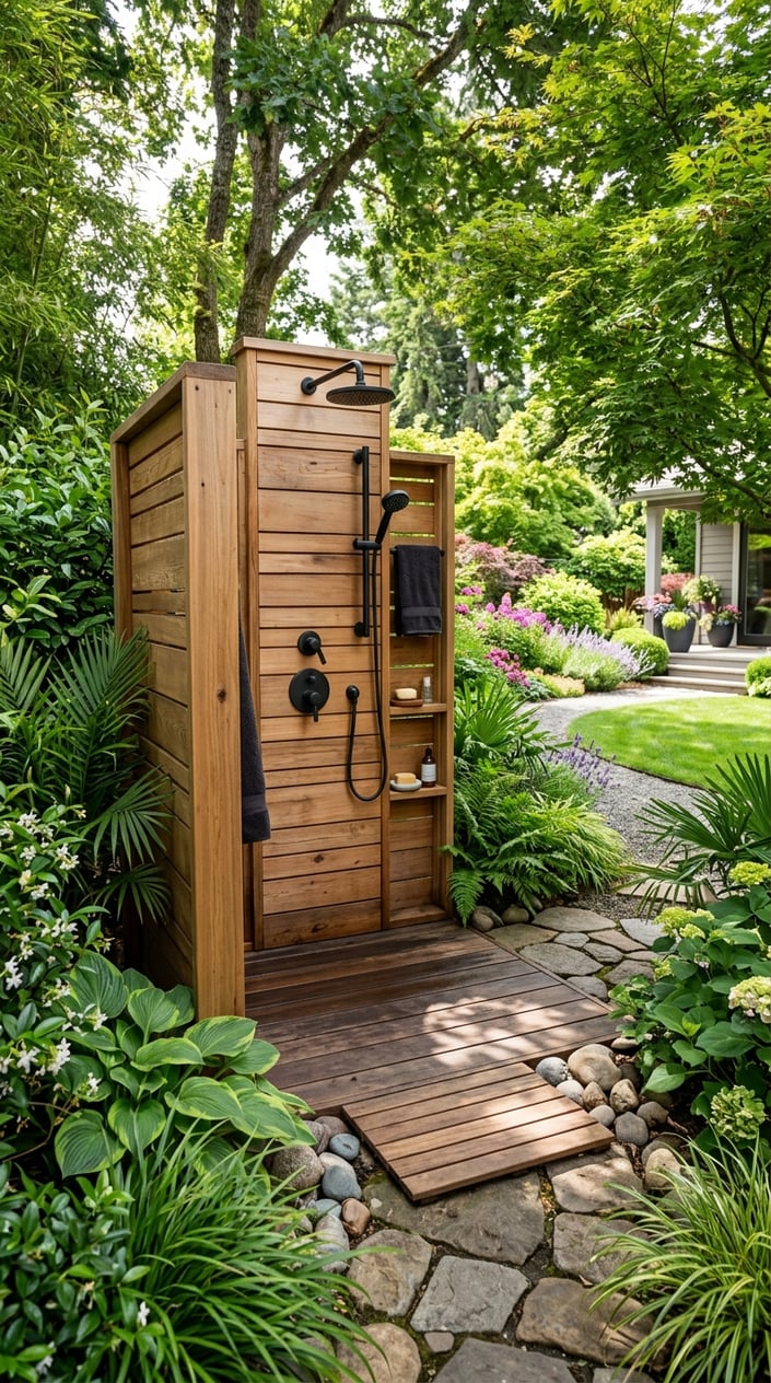 Outdoor shower area in a backyard with wooden enclosure, metal fixtures, green plants, and stone accents under soft sunlight.