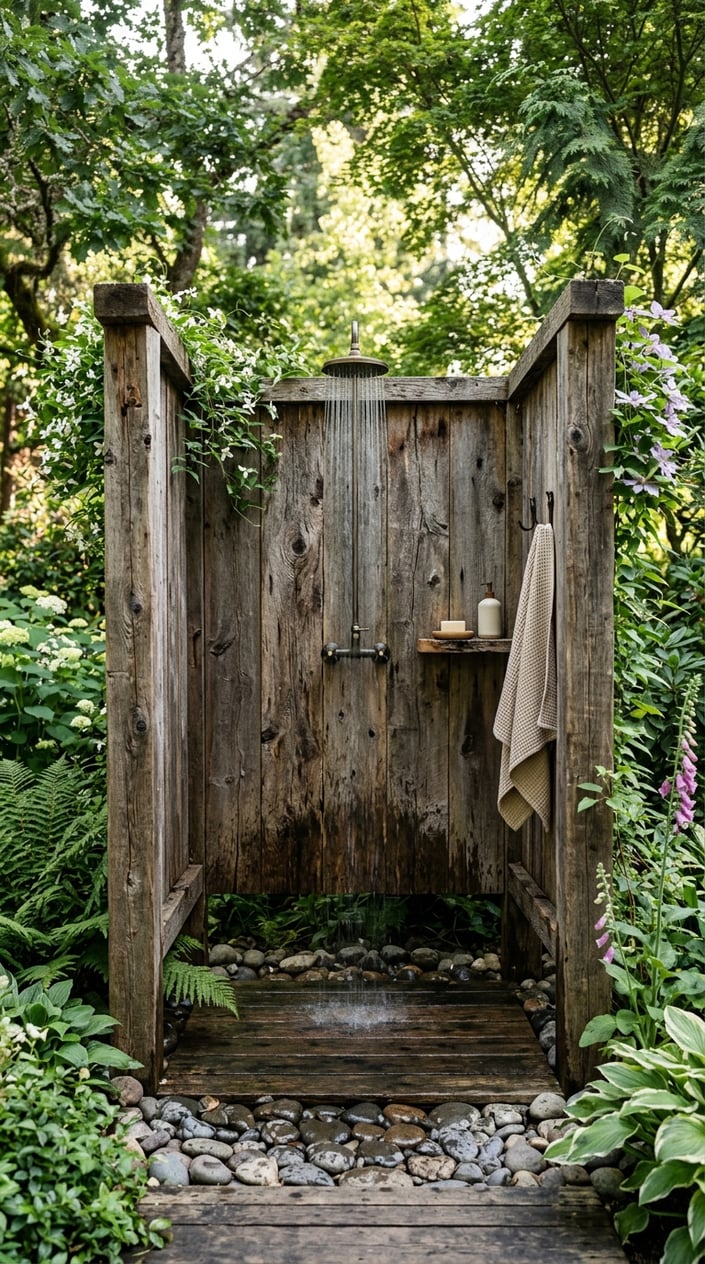 An outdoor shower enclosed by wooden panels surrounded by greenery with water flowing from the showerhead.