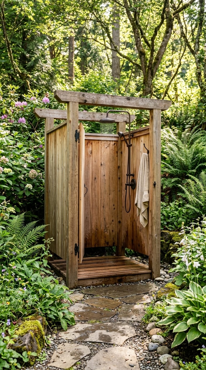 An outdoor cedar plank shower enclosure surrounded by green plants and trees in a garden setting.