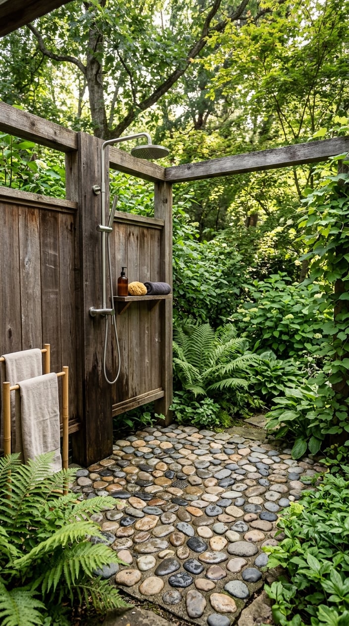 An outdoor shower corner with a natural river rock floor surrounded by green plants and wooden shower structure.