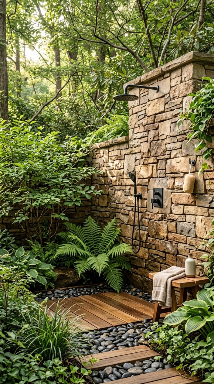 An outdoor shower with a stacked stone wall surrounded by green plants and natural sunlight.