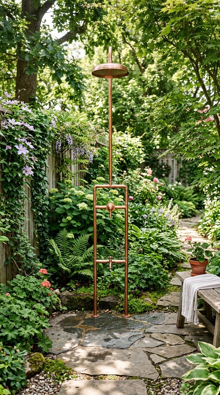 A freestanding copper pipe outdoor shower surrounded by greenery and natural stone flooring in a garden.