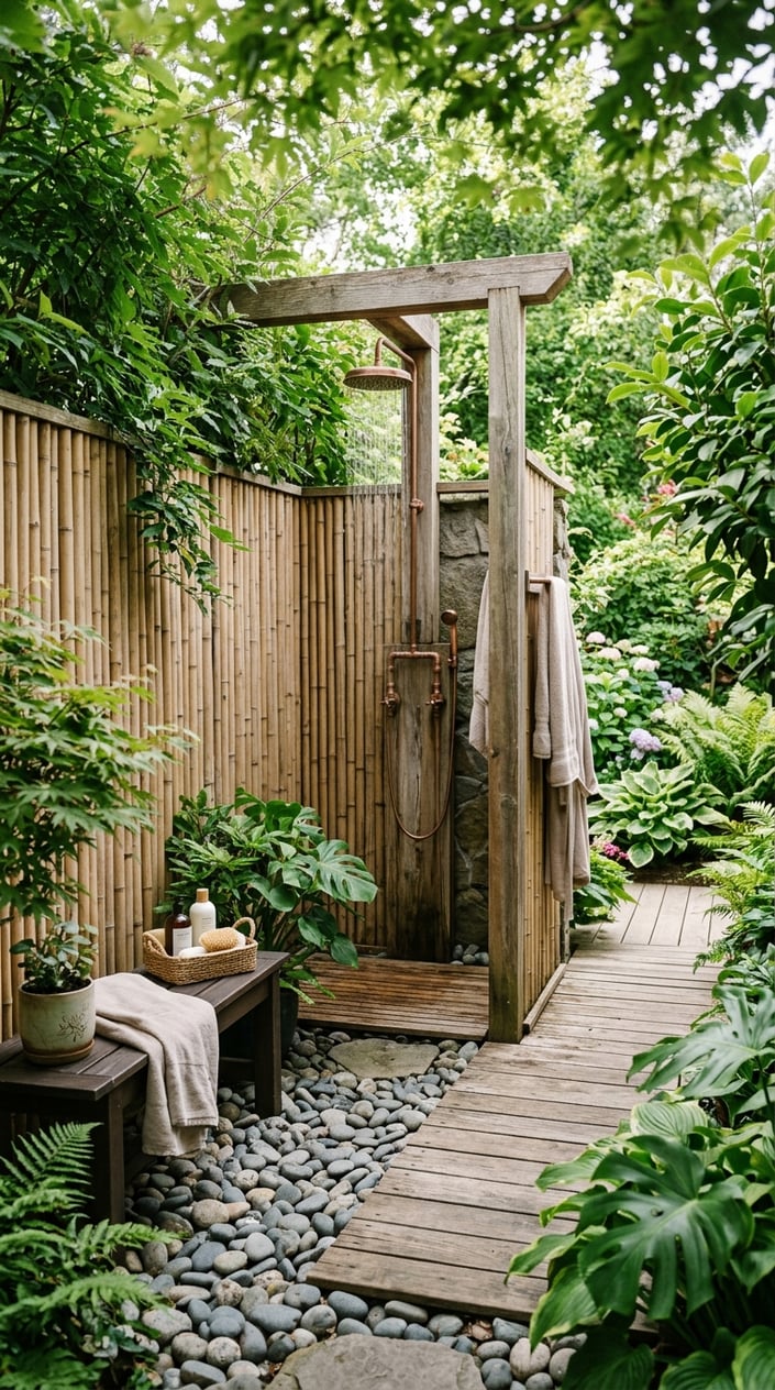 A backyard outdoor shower enclosed by a bamboo privacy screen surrounded by green plants and natural wooden elements.