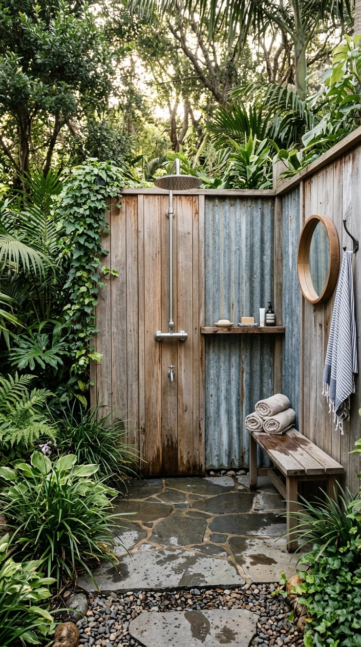 An outdoor shower nook made of corrugated metal and wood surrounded by green plants.
