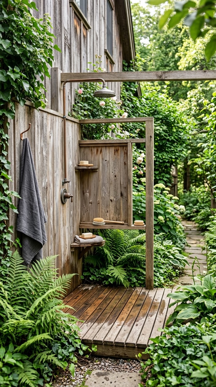 Outdoor wooden shower mounted on the side of a house surrounded by green plants.