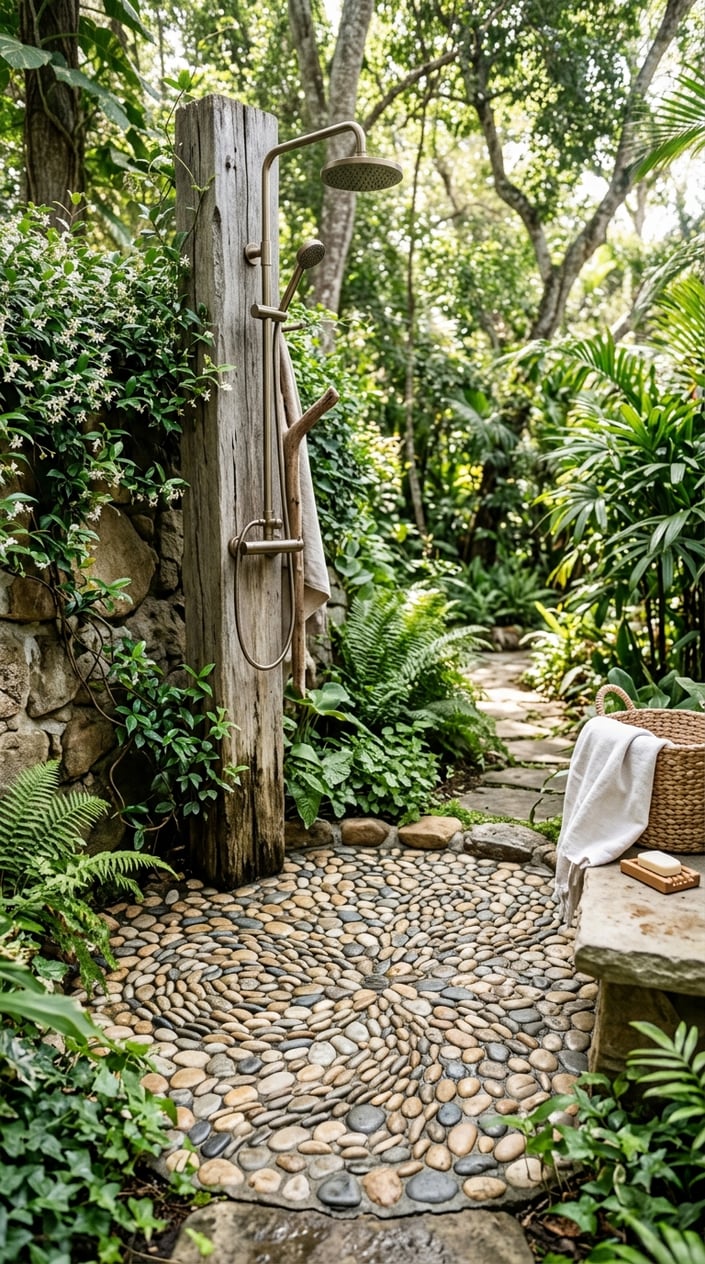 An outdoor shower station with a pebble mosaic base surrounded by wooden and natural elements in a green garden setting.