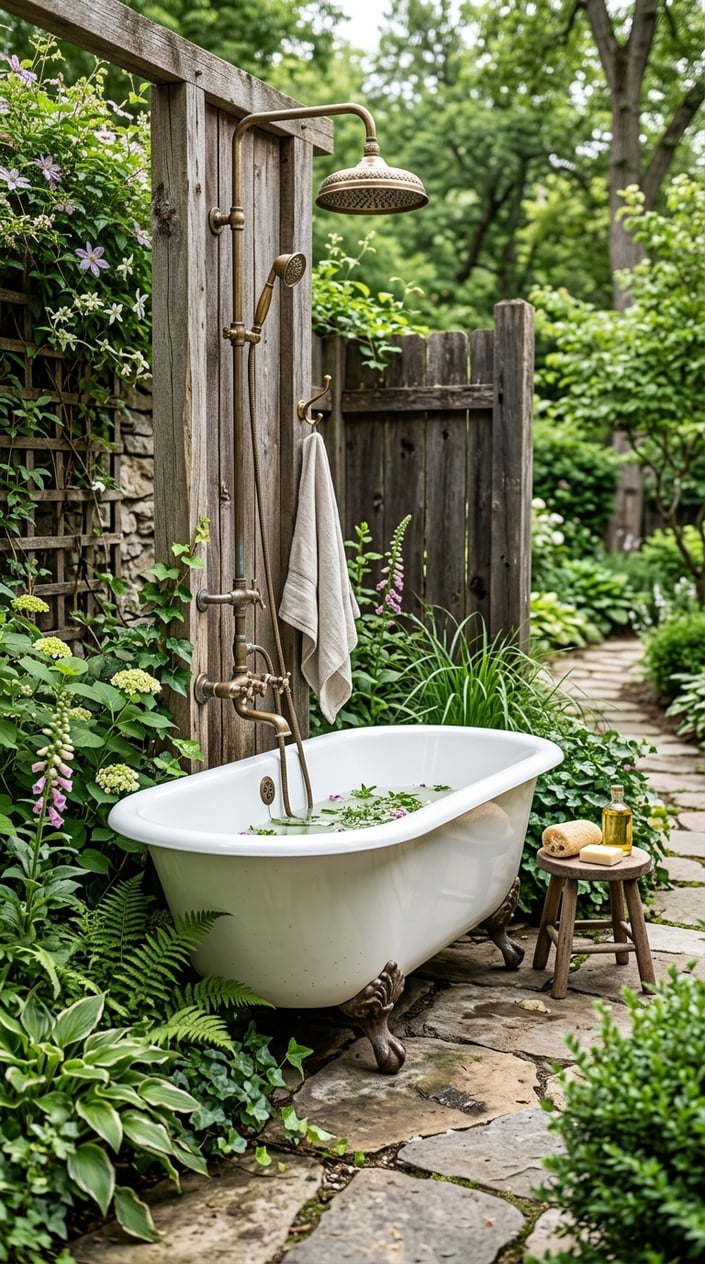 An outdoor scene showing a vintage clawfoot tub with a shower fixture surrounded by plants and wooden elements.