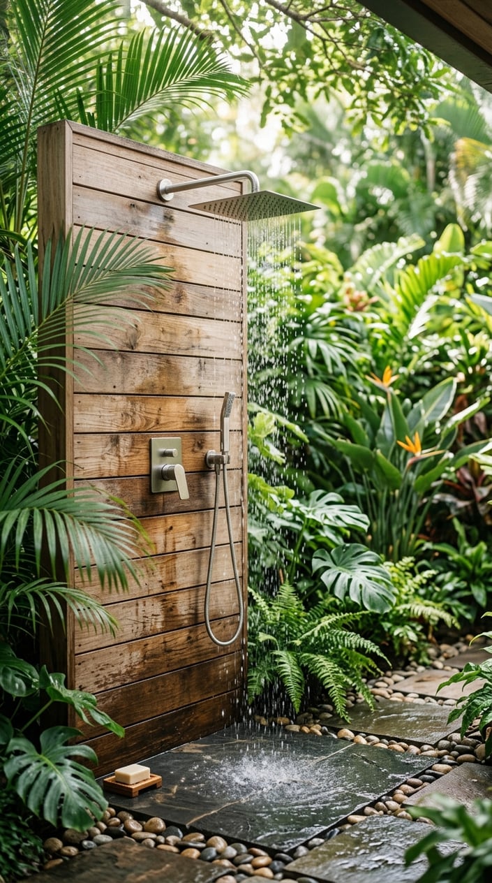 Outdoor wall-mounted shower with rain showerhead surrounded by green plants and stone flooring.