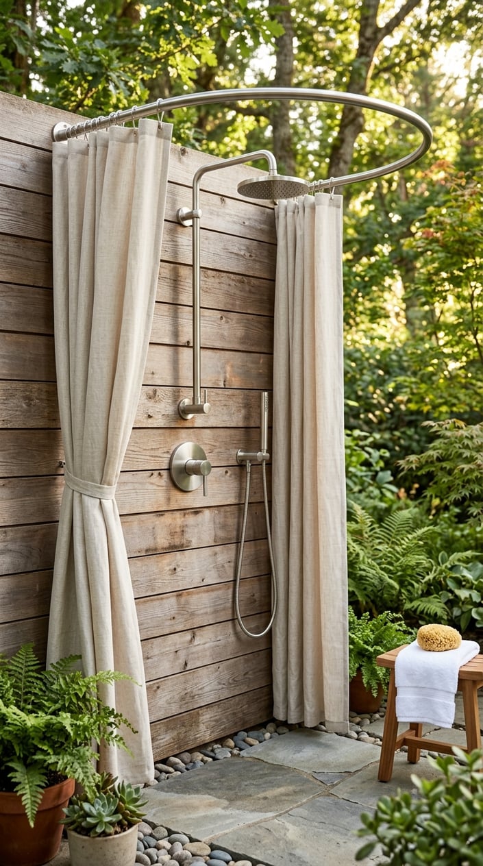 An outdoor wall-mounted shower with a curtain rod enclosure surrounded by greenery.