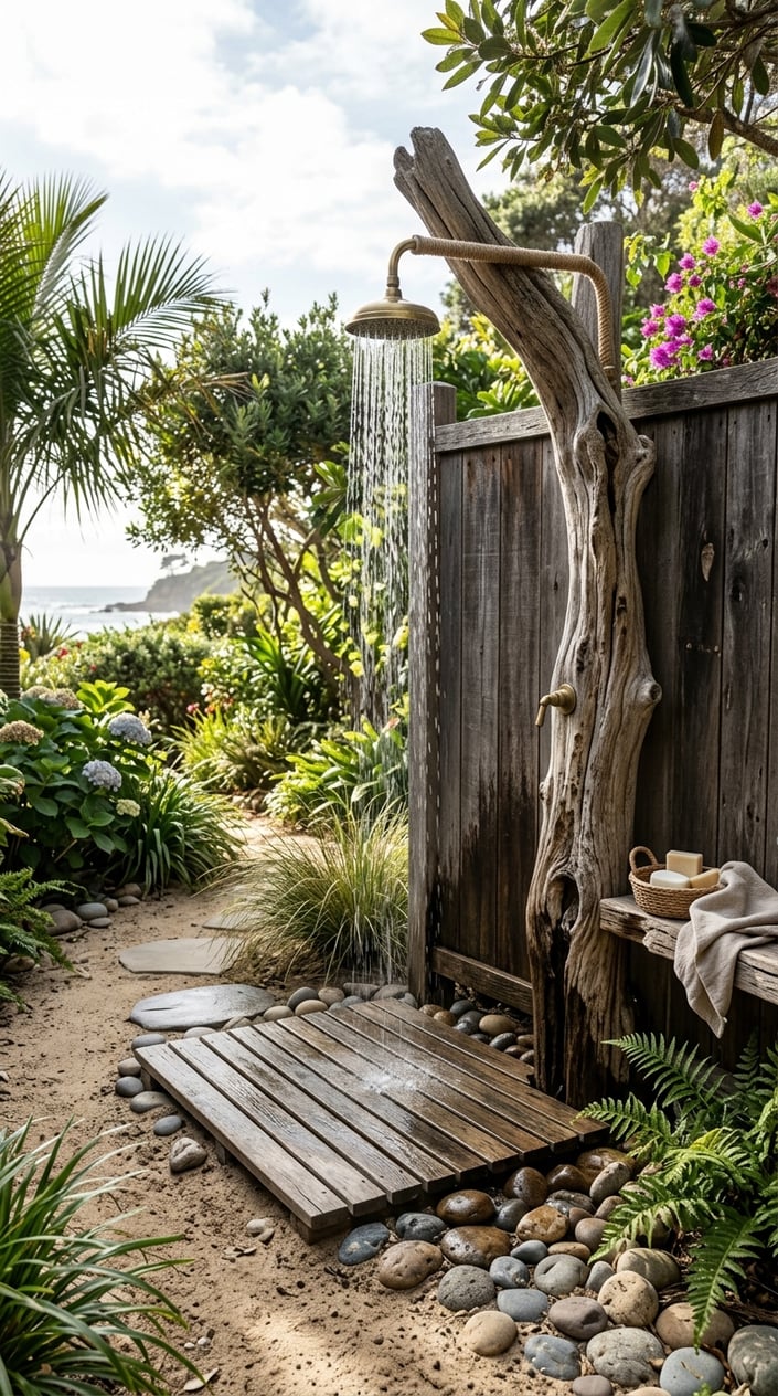 An outdoor garden shower with driftwood accents surrounded by plants and sandy ground.