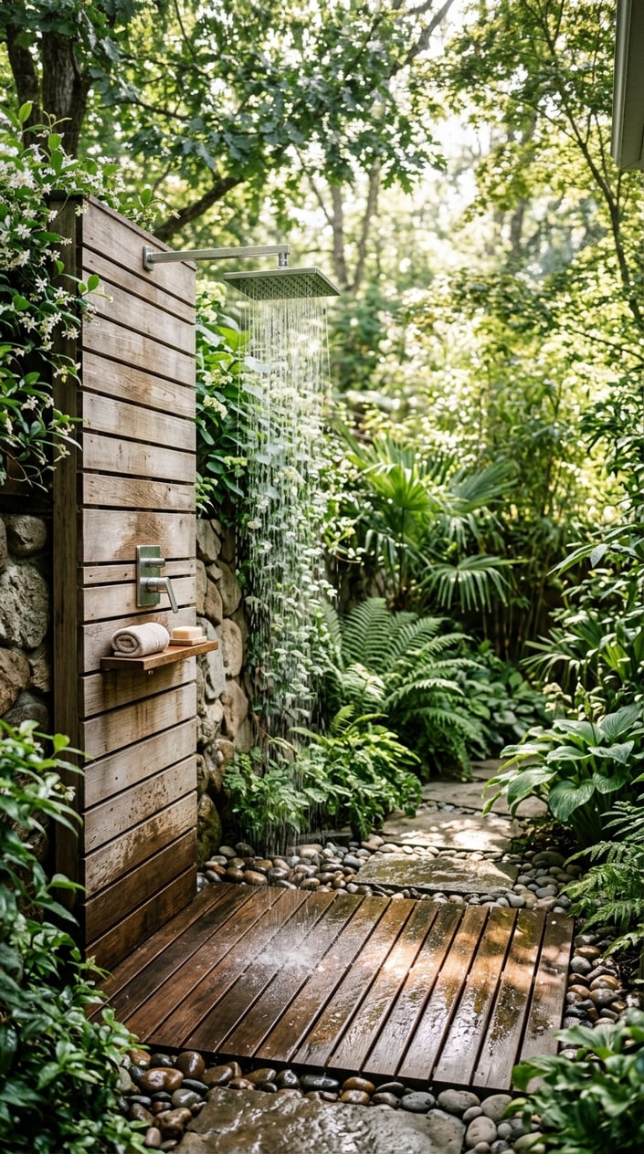 Outdoor shower with wooden platform surrounded by plants and stones in a backyard.