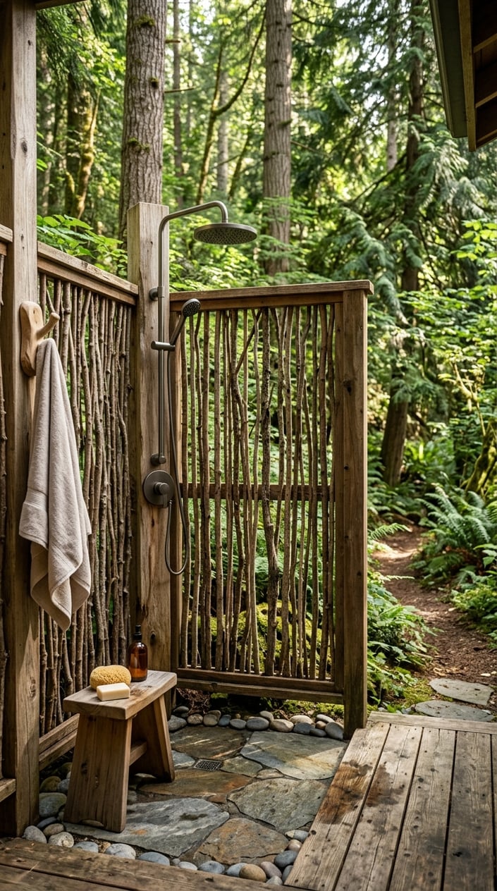 An outdoor shower area with a twig panel screen surrounded by green forest and natural stone flooring.
