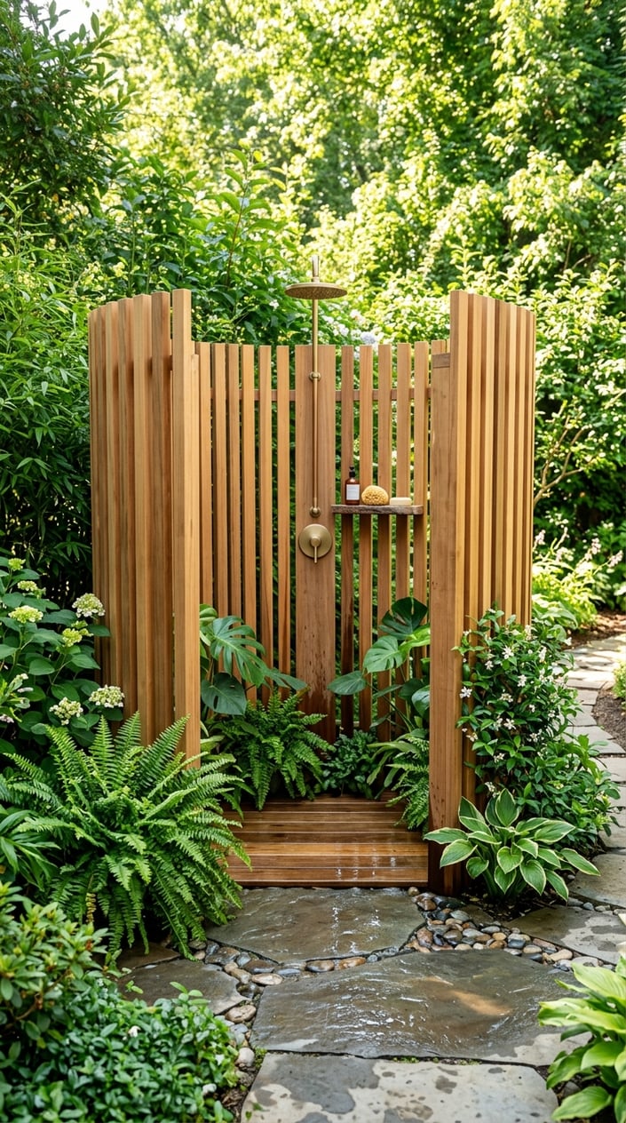 An outdoor shower enclosed by wooden slats in a garden corner surrounded by green plants.