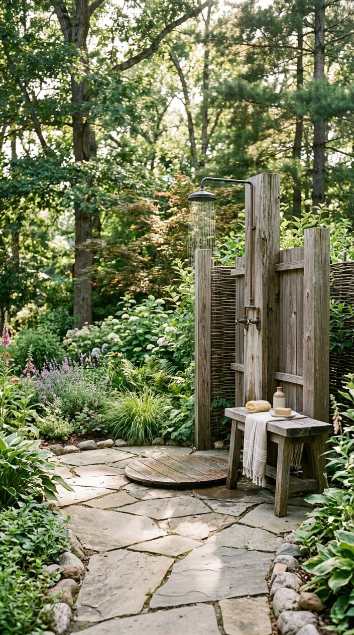An outdoor shower on a stone slab pad surrounded by trees and plants.