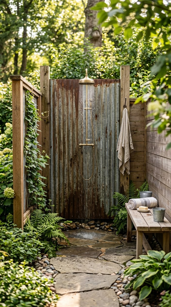 Outdoor shower area with a corrugated metal wall, showerhead, and surrounding greenery.