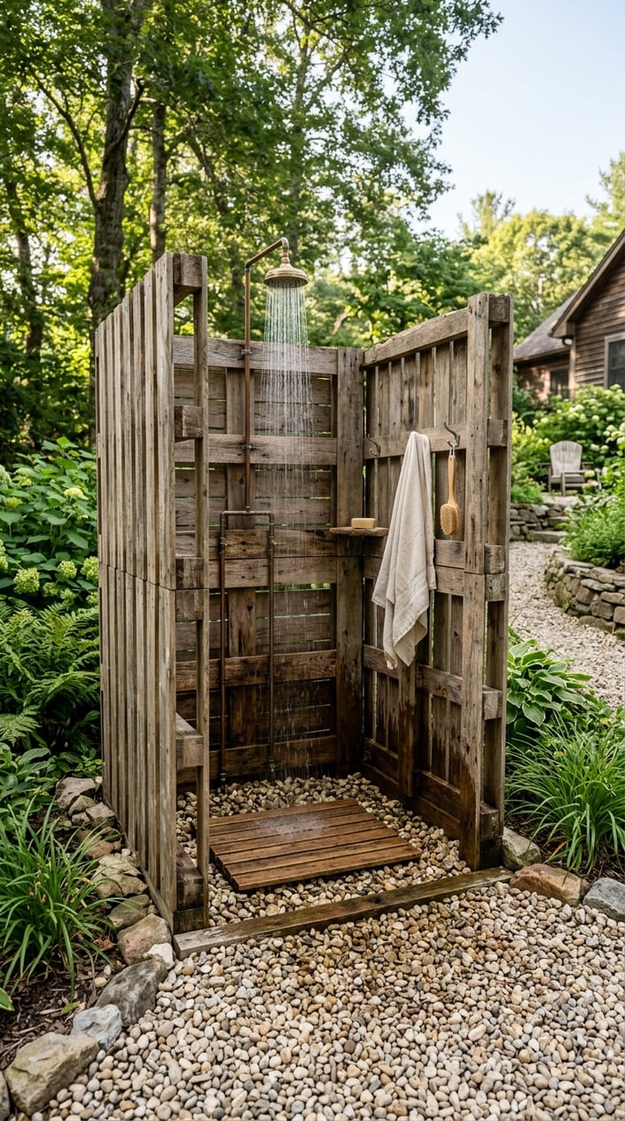 An outdoor shower area enclosed by wooden pallets with gravel on the ground and green plants surrounding it.