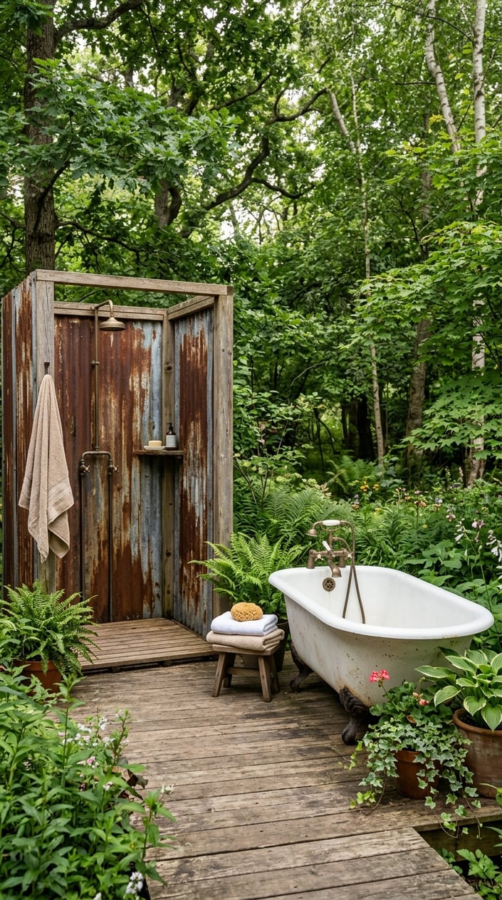An outdoor shower made of corrugated metal panels next to a white clawfoot bathtub on a wooden deck surrounded by plants and trees.