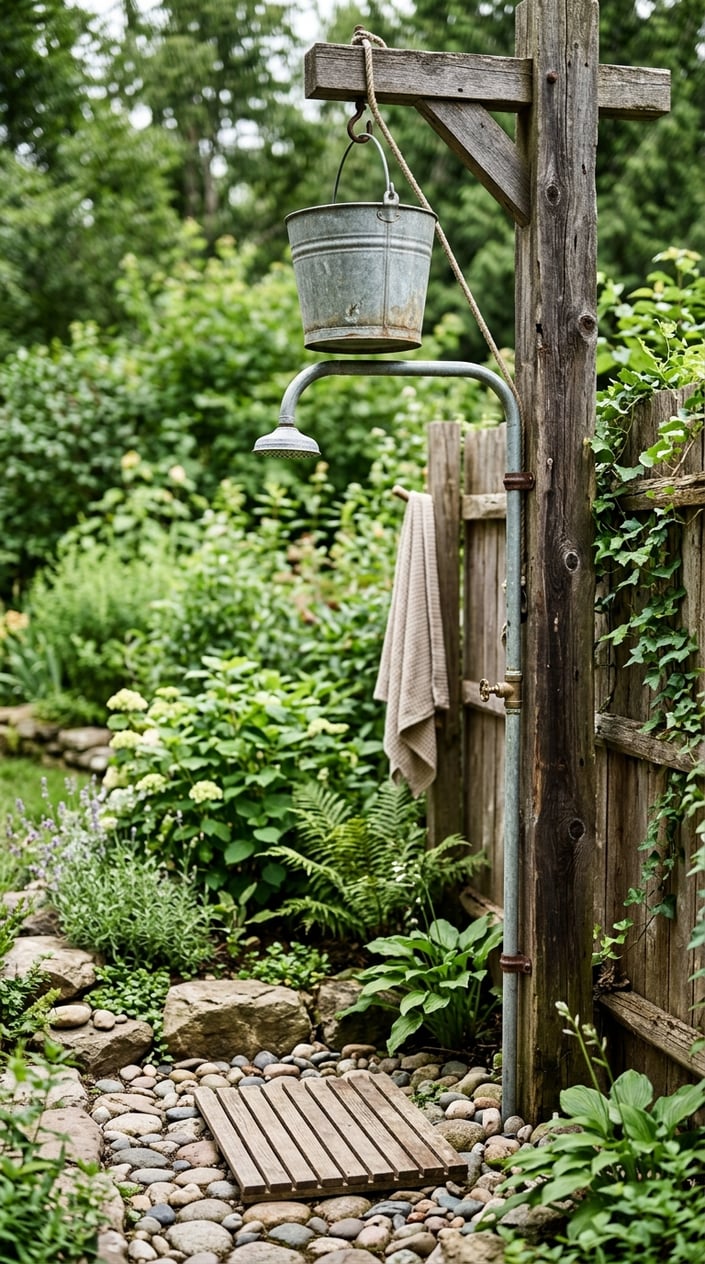 An outdoor shower setup with a galvanized metal bucket and pipe surrounded by green plants and natural elements.