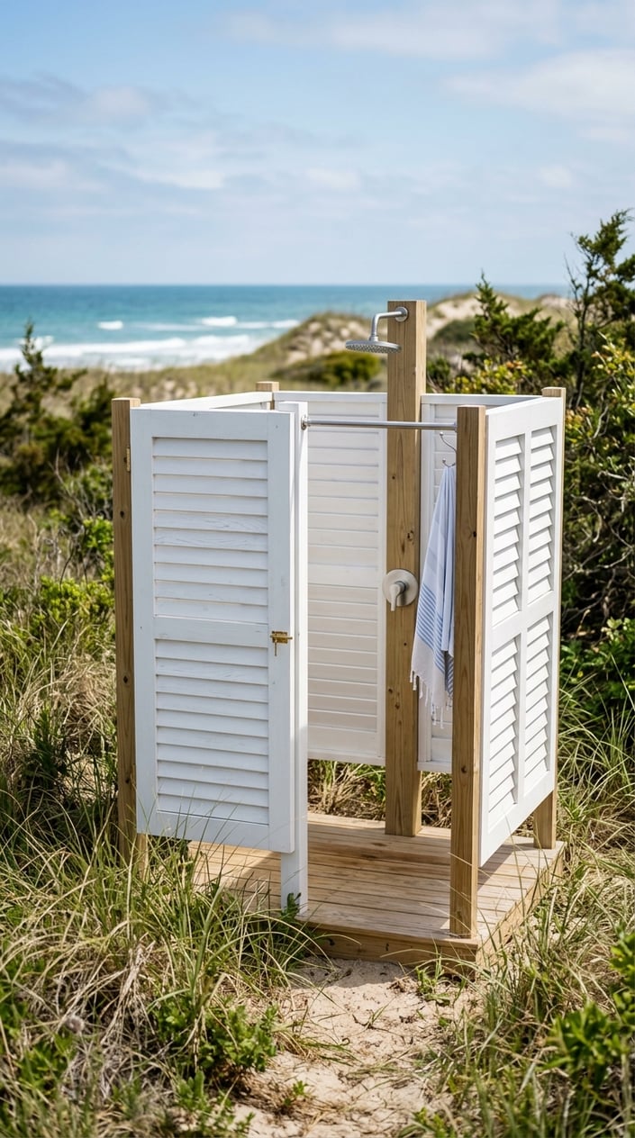 Outdoor shower enclosure with white wooden shutters surrounded by coastal plants and sandy ground.
