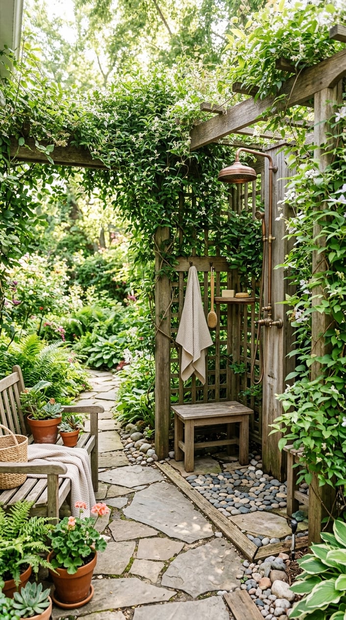 An outdoor shower with a wooden trellis covered in green vines providing privacy, surrounded by stone flooring and garden plants.