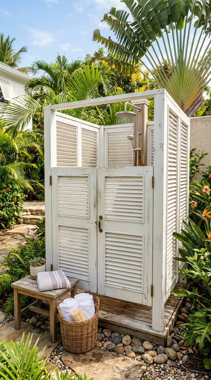 An outdoor shower with a white shutter-style door surrounded by tropical plants and wooden decking.