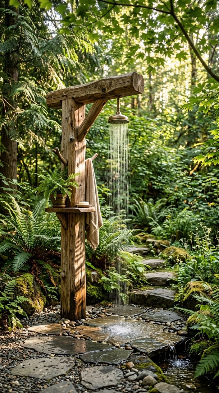 A rustic outdoor shower made from wooden logs in a forest surrounded by trees and greenery with water flowing from the showerhead.