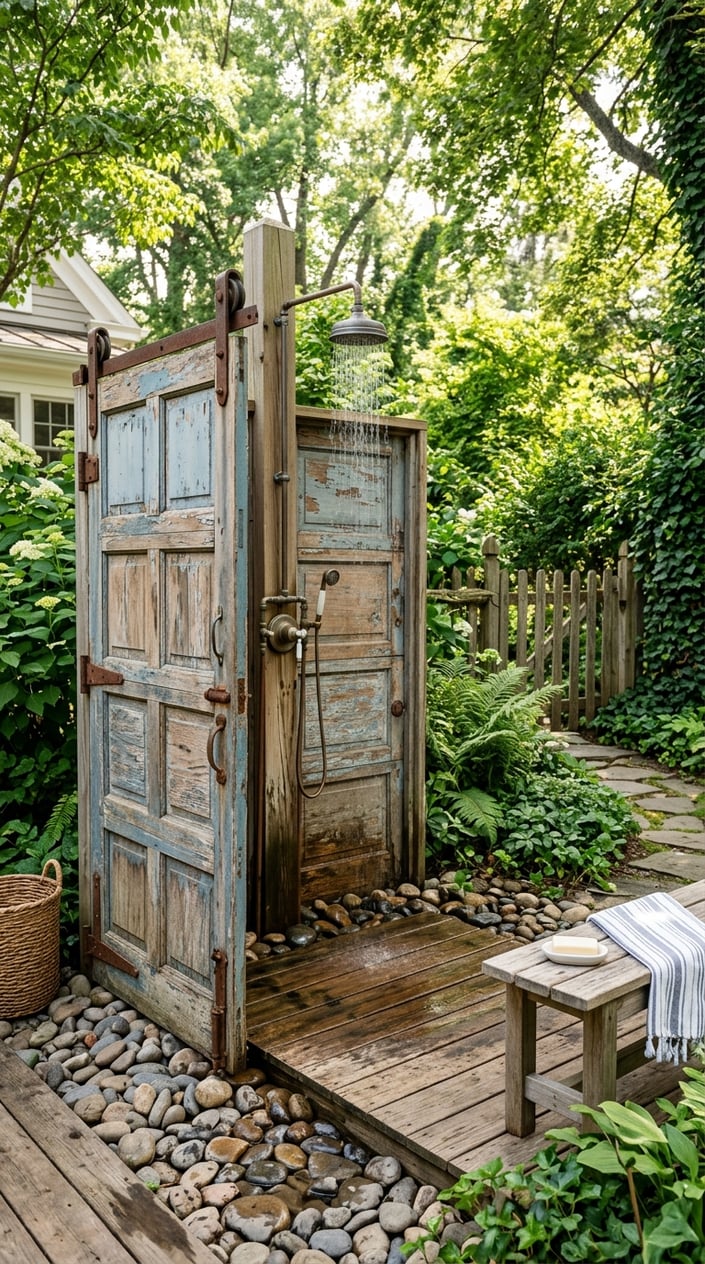 Outdoor farmhouse shower made from reclaimed garage doors surrounded by greenery and natural wood elements.
