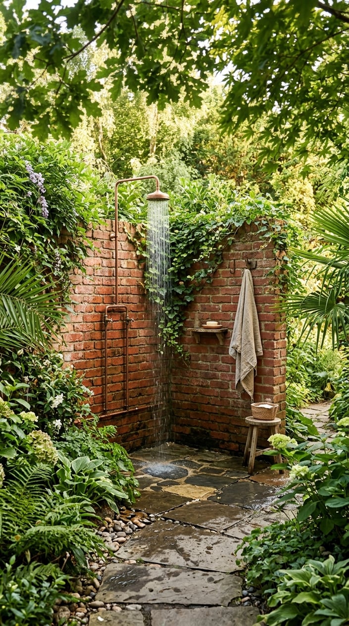 An outdoor shower corner made of red bricks surrounded by green plants and natural stone flooring, with water flowing from a metal showerhead.