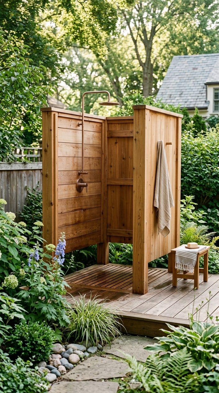 A freestanding cedar plank outdoor shower surrounded by greenery in a backyard setting.