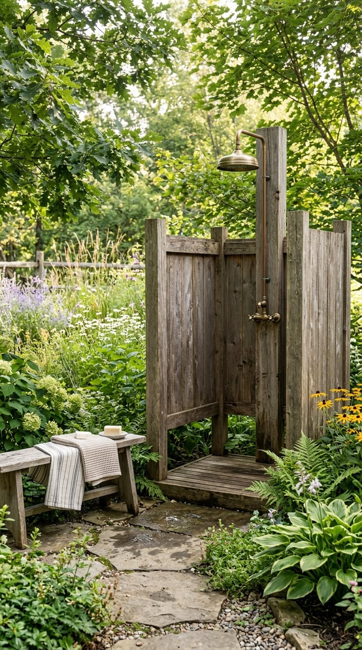 An outdoor wooden shower surrounded by green plants and natural stone flooring in a backyard.