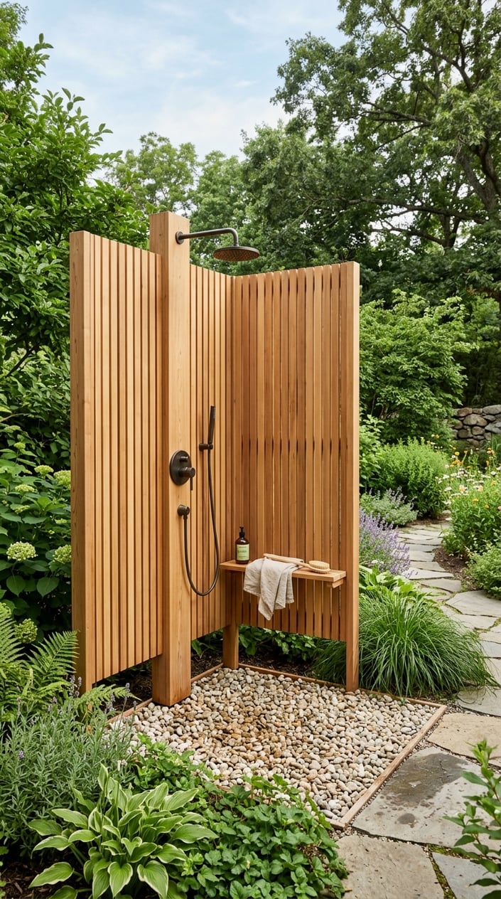 Outdoor shower with a single wooden privacy panel and a gravel base surrounded by green plants.